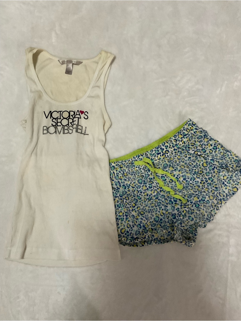 Victoria's Secret White Ribbed Tank & Blue Green Leopard Sleep Shorts